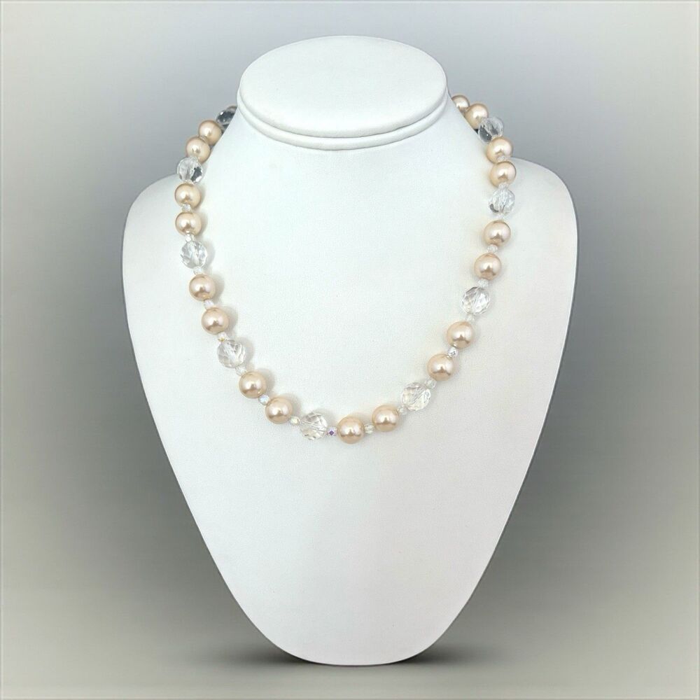Vintage Joan Rivers Necklace Czech Glass Pearls Faceted Clear Beads - 7P